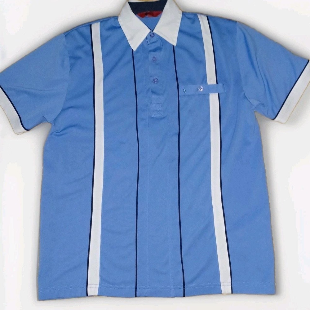 Gabicci Mens Vintage Style Retro Mod‎ Striped Knit Polo Shirt Blue White Small